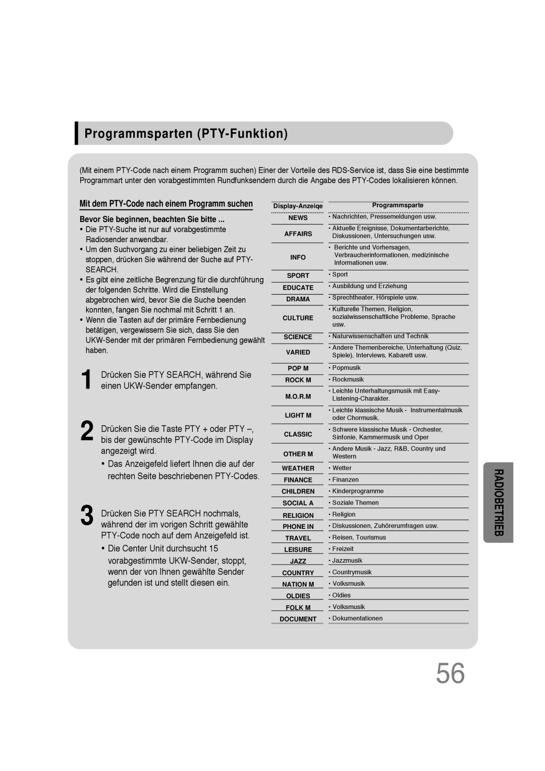 Samsung HTDS100B/EDC, HT-DS100N/EDC, HTDS100RH/ELS, HTDS100RH/EDC manual Programmsparten PTY-Funktion, Search 