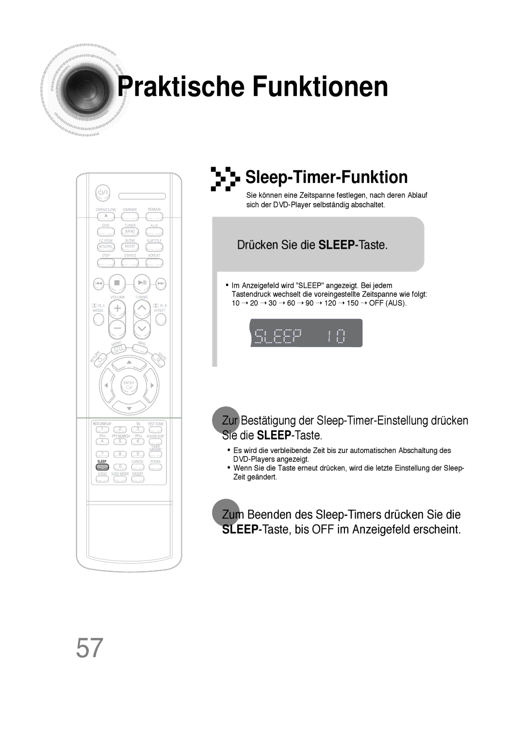 Samsung HTDS100RH/ELS, HT-DS100N/EDC, HTDS100B/EDC, HTDS100RH/EDC manual Praktische Funktionen, Drücken Sie die SLEEP-Taste 