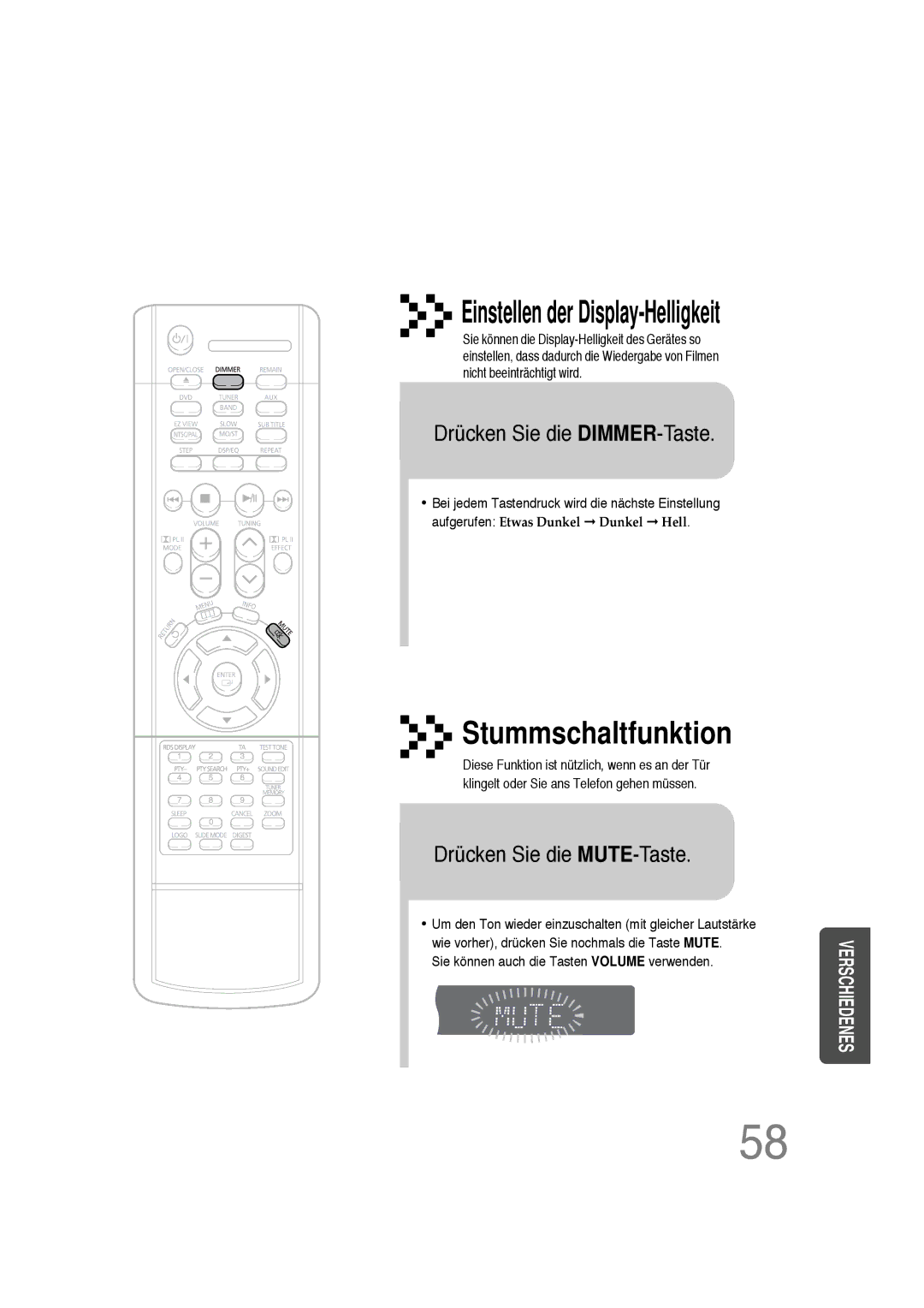 Samsung HTDS100RH/EDC, HT-DS100N/EDC, HTDS100B/EDC, HTDS100RH/ELS Drücken Sie die DIMMER-Taste, Drücken Sie die MUTE-Taste 