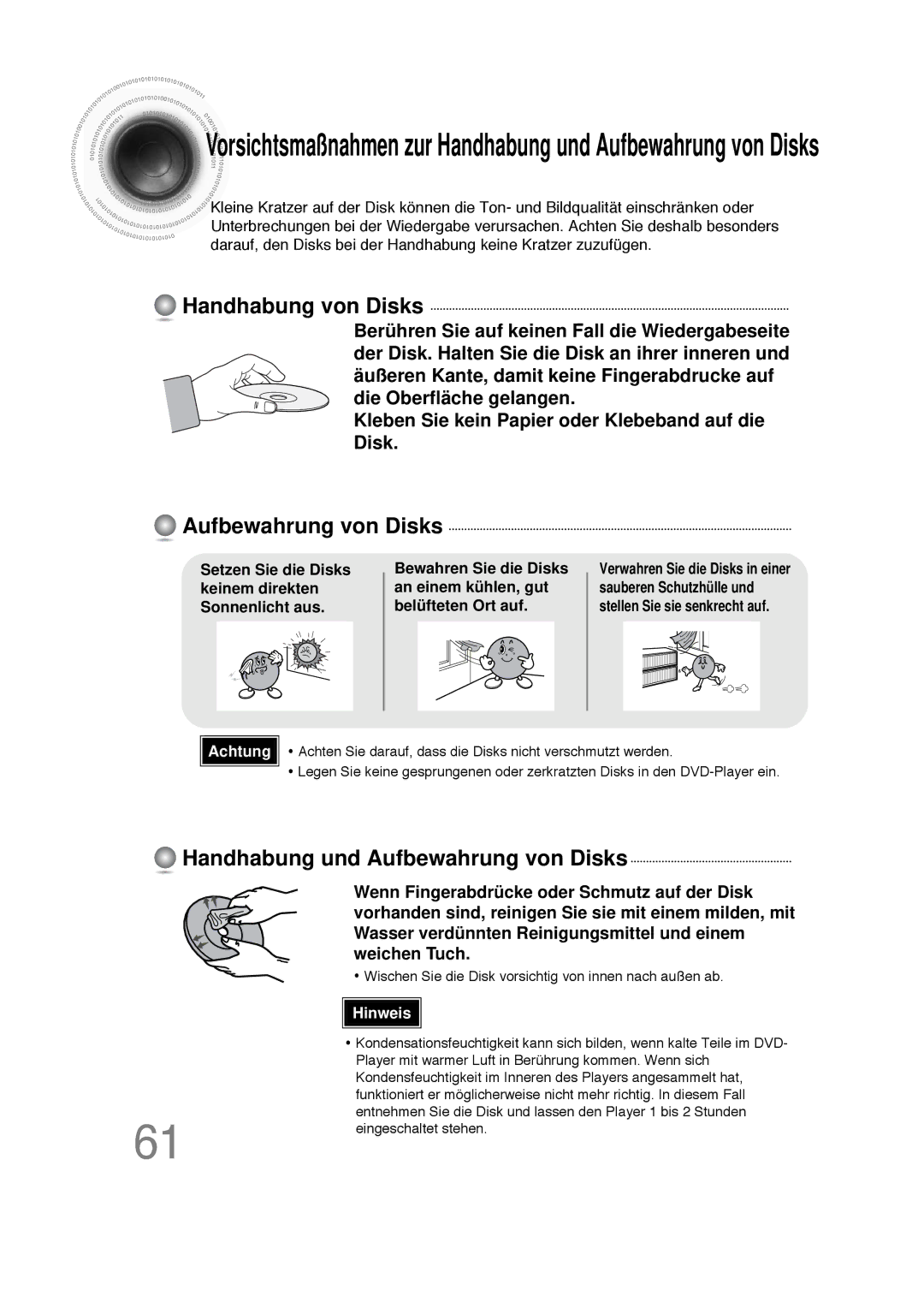 Samsung HTDS100RH/ELS, HT-DS100N/EDC, HTDS100B/EDC manual Handhabung von Disks, Handhabung und Aufbewahrung von Disks 