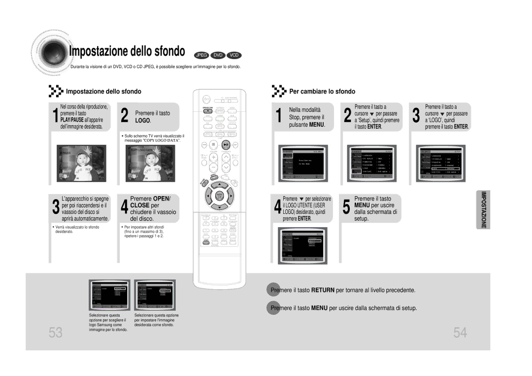 Samsung HTDS100TH/XAA, HT-DS1100R/EDC, HTDS100B/EDC manual Impostazione dello sfondo Per cambiare lo sfondo, Premere Open 