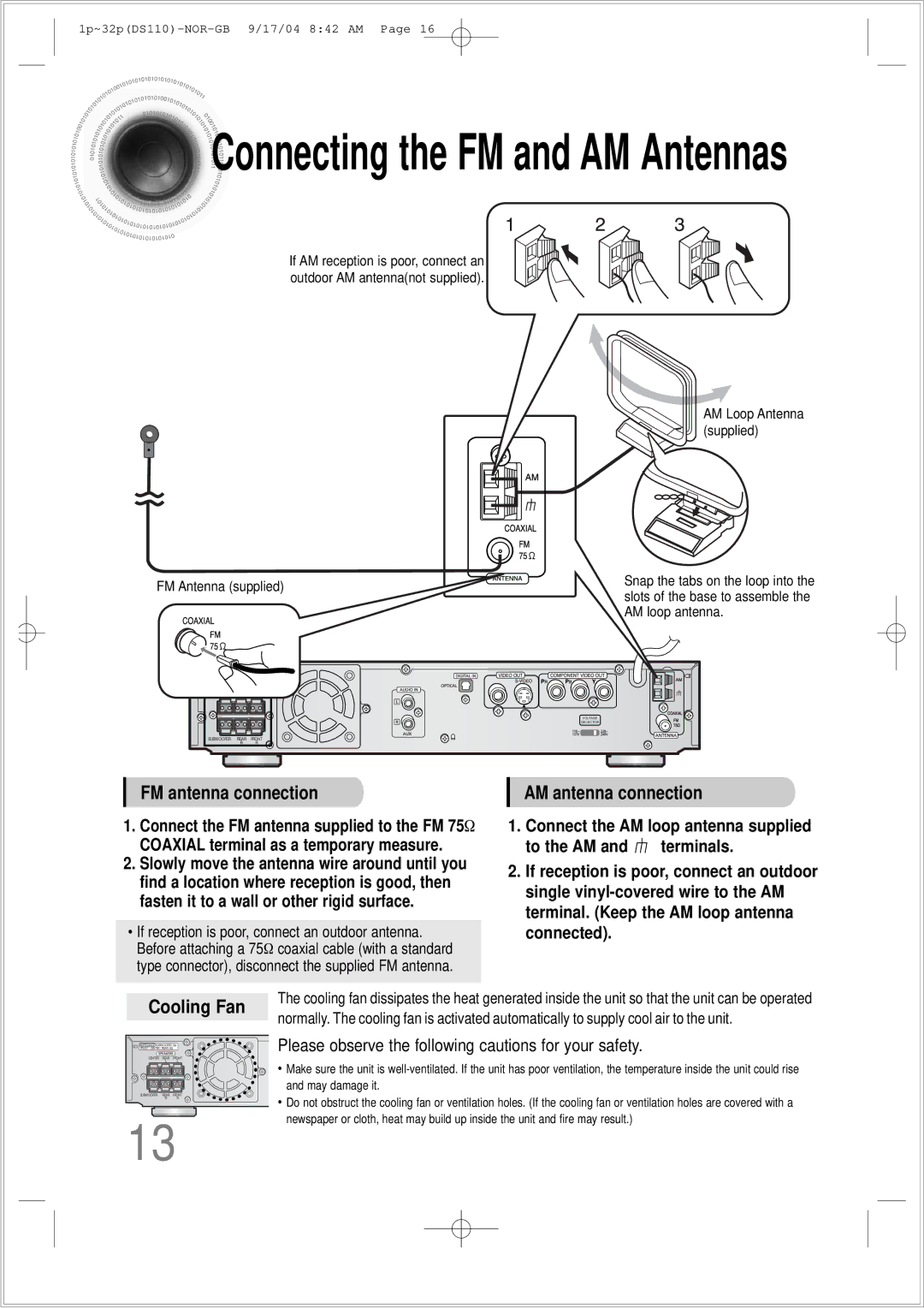 Samsung HT-DS110TH/XSP manual FM antenna connection, AM antenna connection, Cooling Fan 