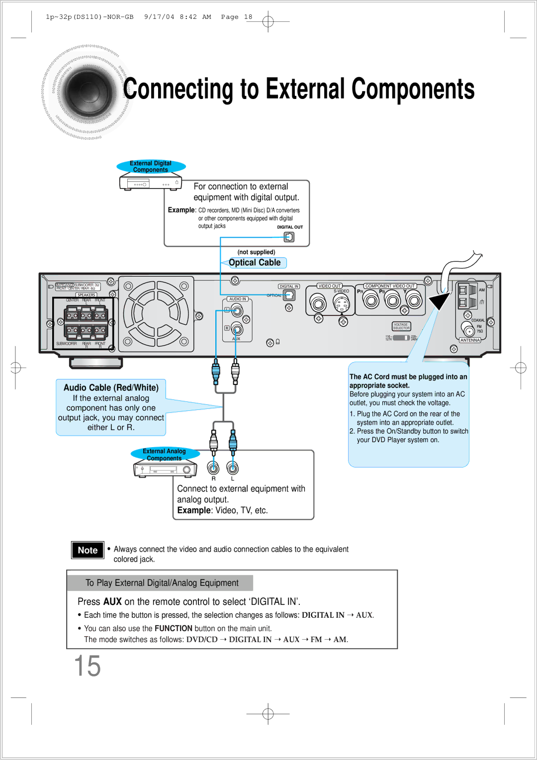 Samsung HT-DS110TH/XSP manual Connecting to External Components 