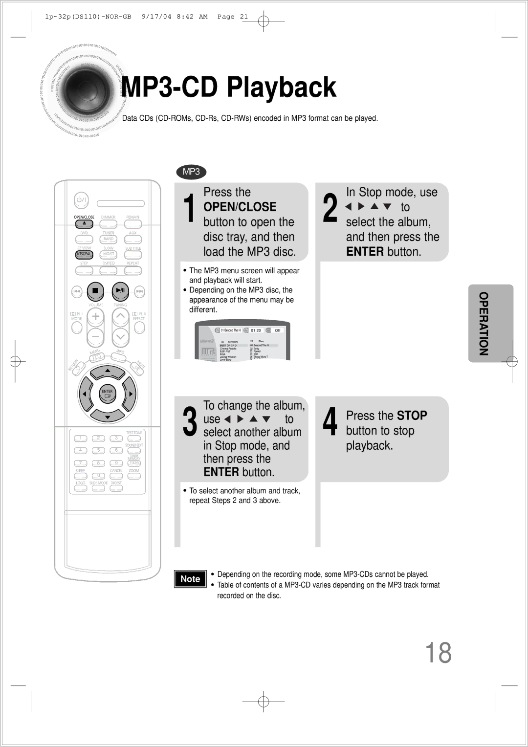 Samsung HT-DS110TH/XSP manual MP3 -CD Playback 