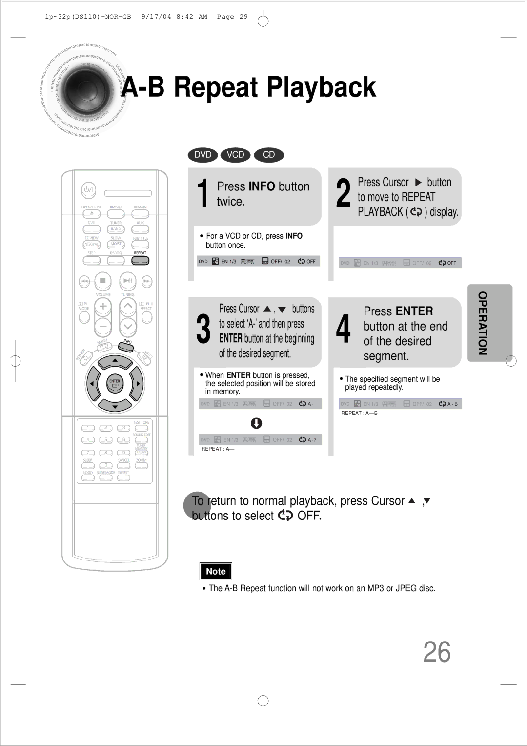 Samsung HT-DS110TH/XSP manual Press Info button twice, Press Enter 