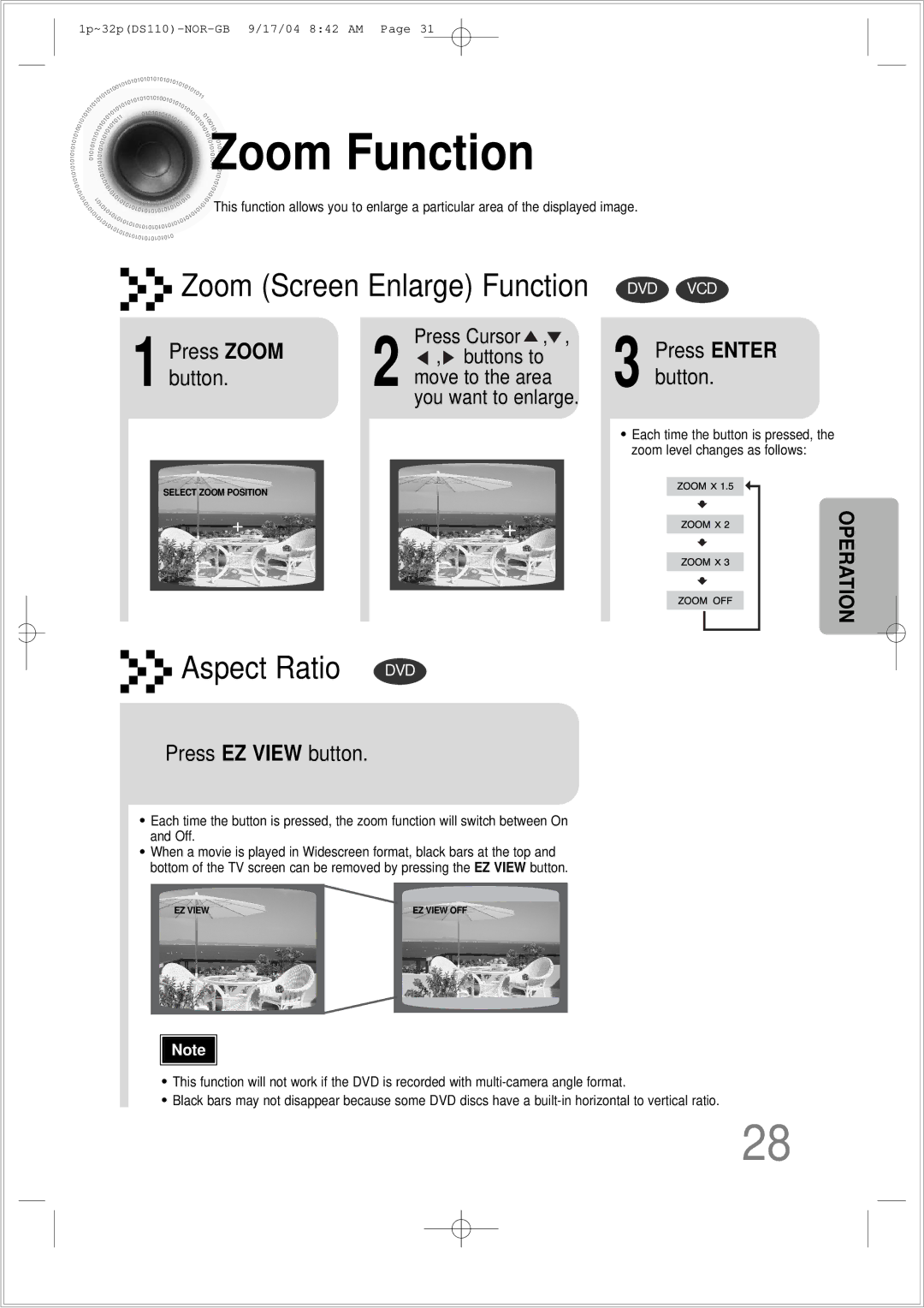 Samsung HT-DS110TH/XSP manual Zoom Function, Press Zoom, Button, Press EZ View button 