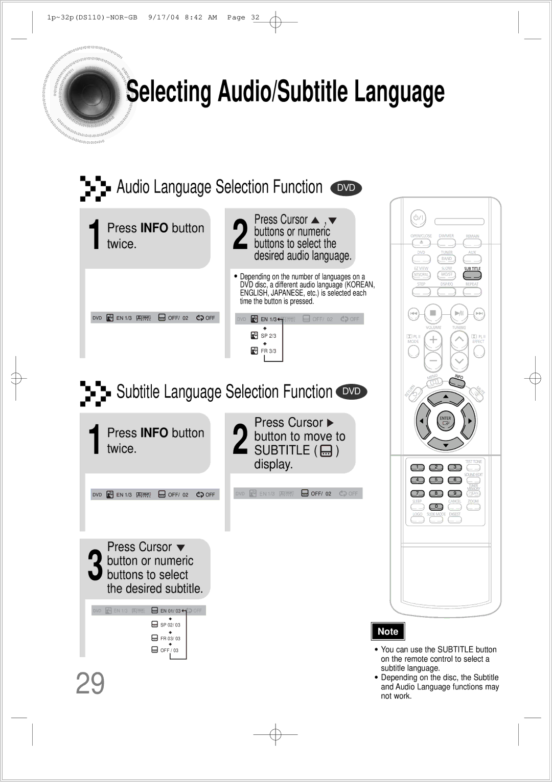 Samsung HT-DS110TH/XSP manual Selecting Audio/Subtitle Language, 1Press Info button twice 