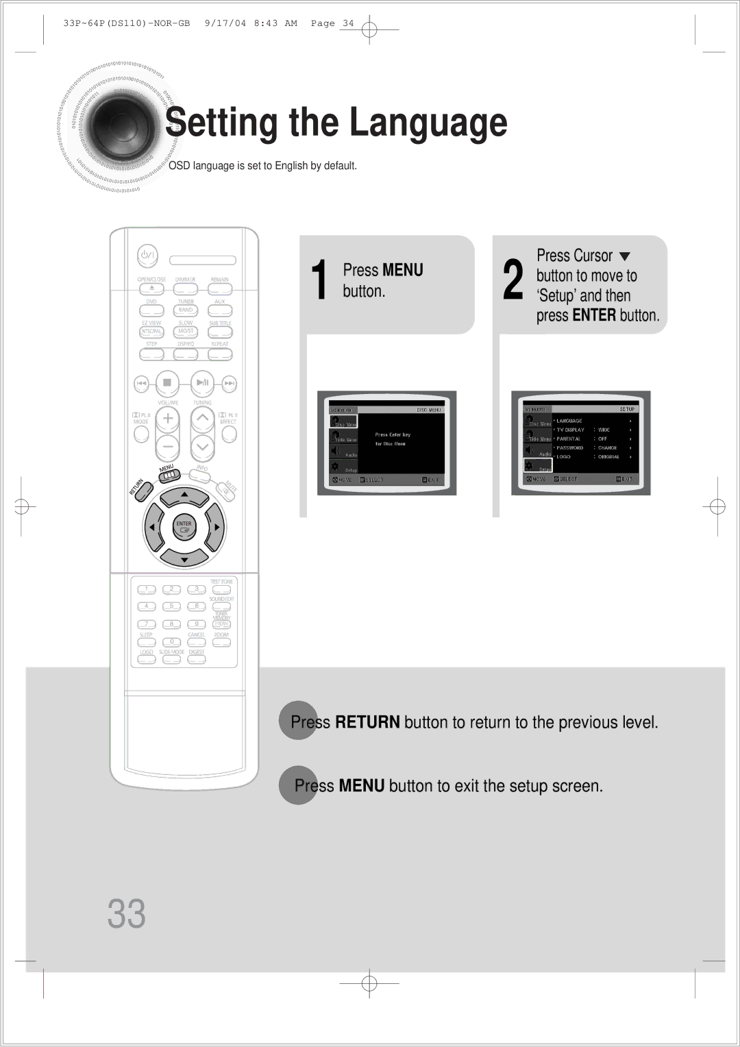 Samsung HT-DS110TH/XSP manual Setting the Language, Press Enter button 