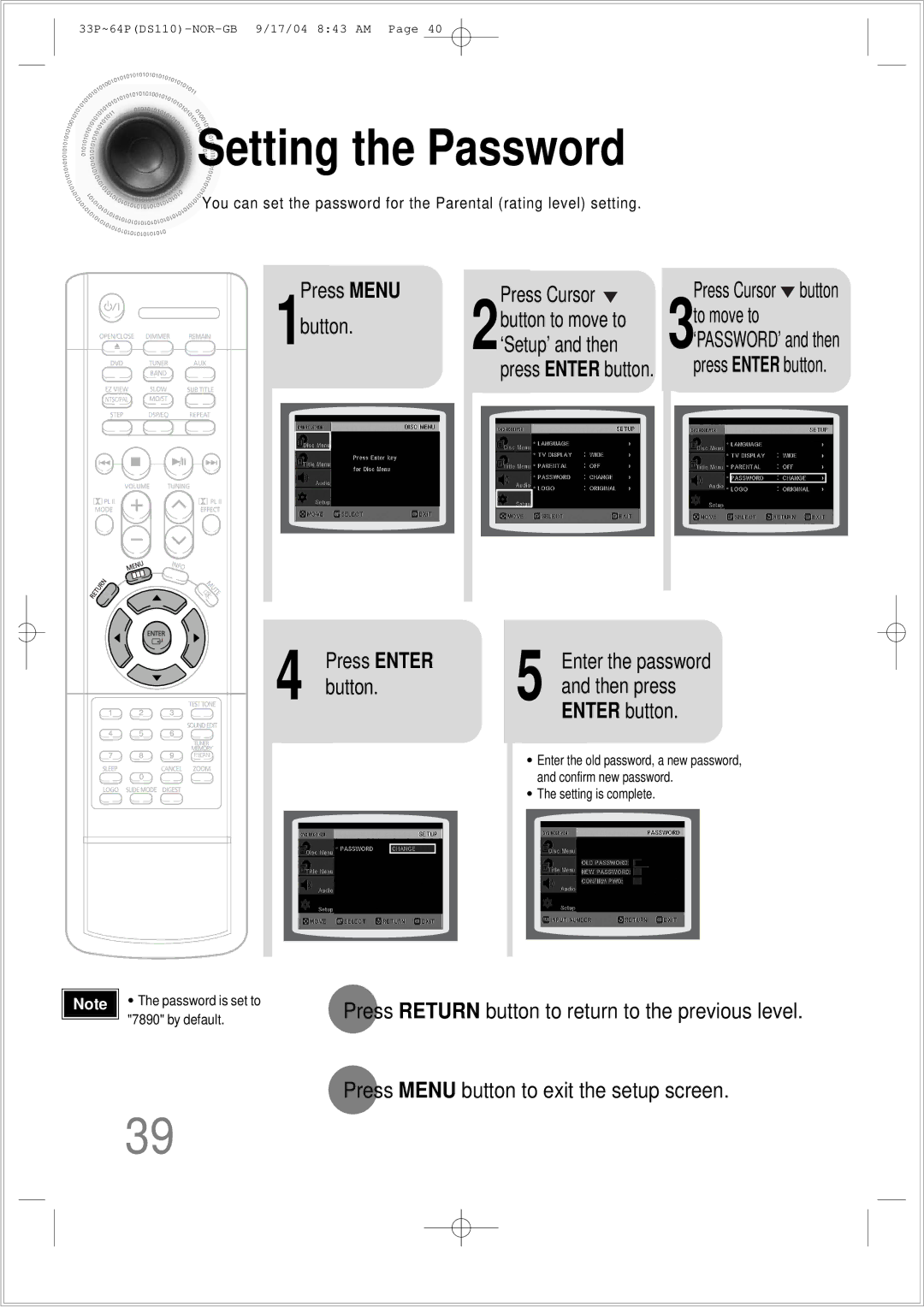 Samsung HT-DS110TH/XSP manual Setting the Password, Press Menu 1button, Press Cursor button 