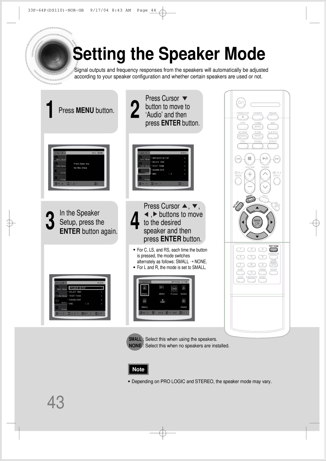 Samsung HT-DS110TH/XSP manual Setting the Speaker Mode, Press Enter button Press Cursor 