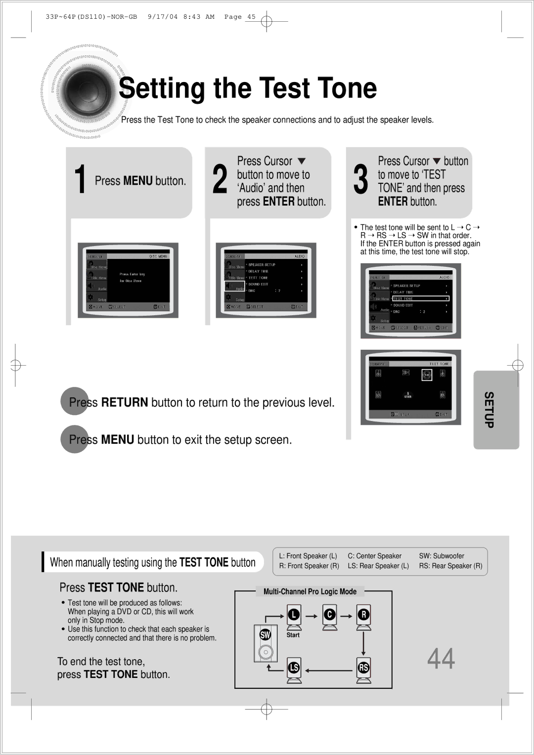 Samsung HT-DS110TH/XSP manual Setting the Test Tone, ‘Audio’ and then, Enter button, Press Test Tone button 