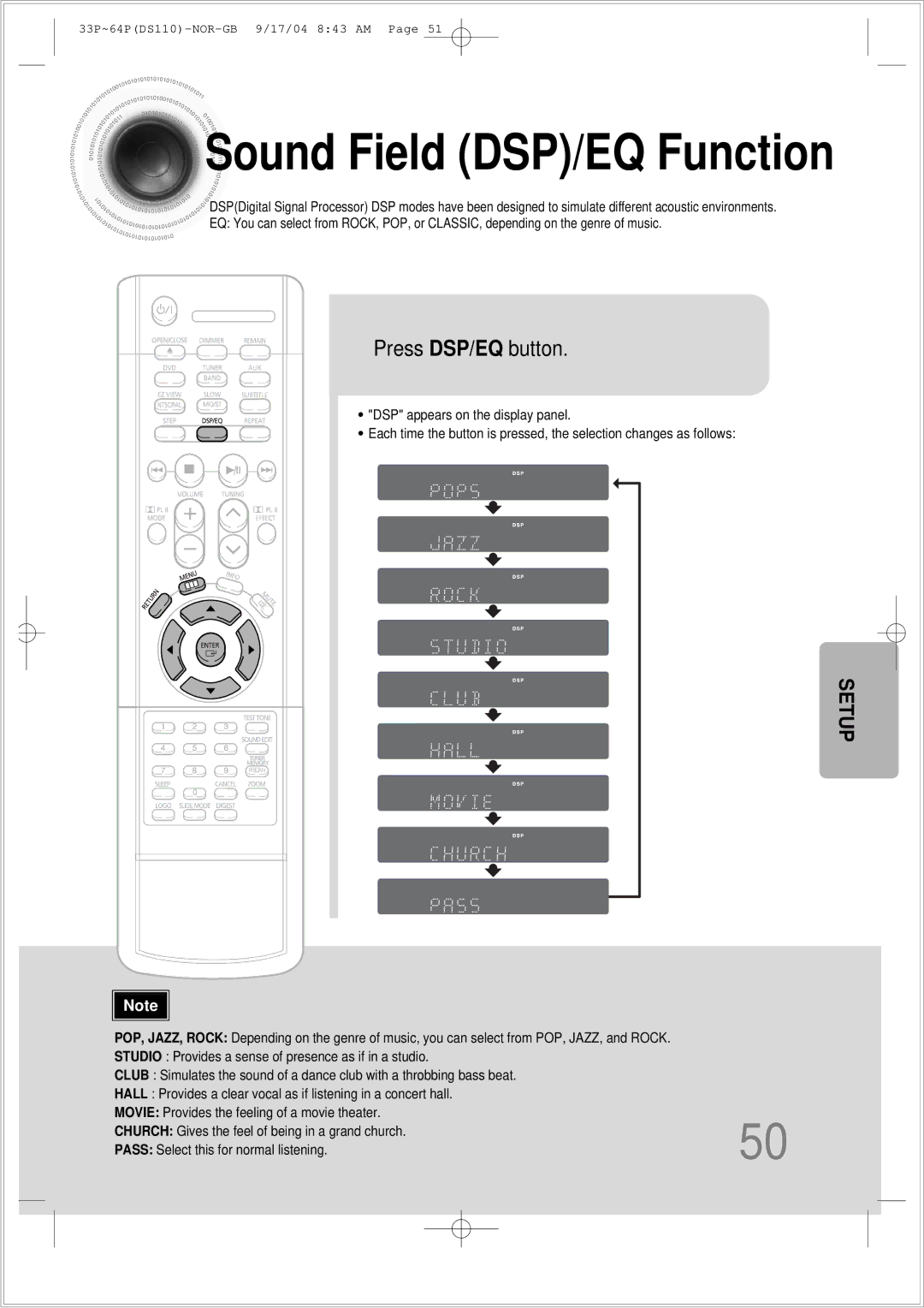 Samsung HT-DS110TH/XSP manual Sound Field DSP/EQ Function, Press DSP/EQ button 