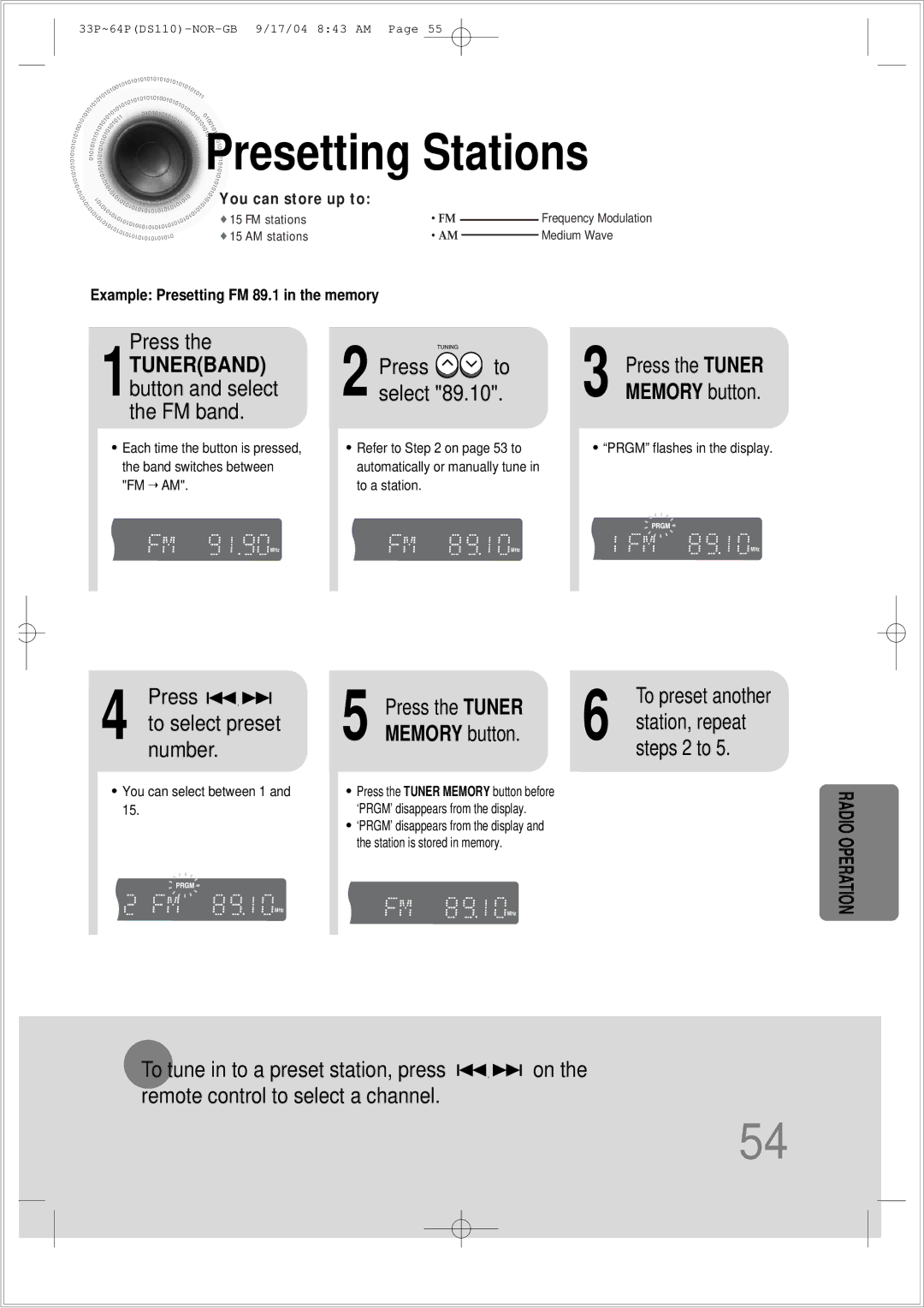 Samsung HT-DS110TH/XSP manual Presetting Stations, Number, To preset another 