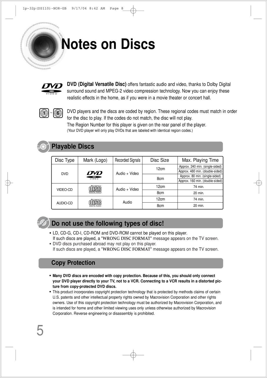 Samsung HT-DS110TH/XSP manual Playable Discs, Copy Protection 