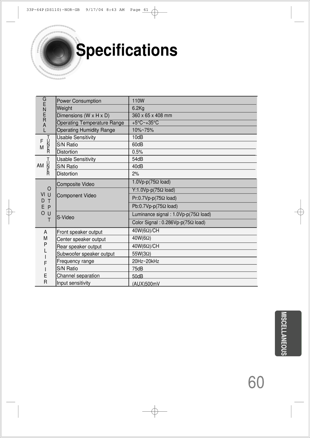 Samsung HT-DS110TH/XSP manual Specifications, Vi U 