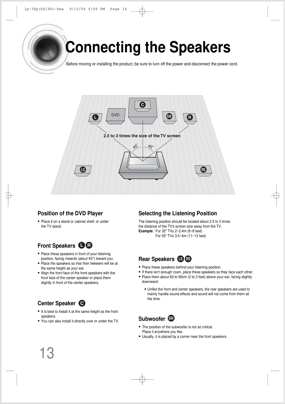 Samsung HT-DS140 instruction manual Connecting the Speakers, Position of the DVD Player Selecting the Listening Position 