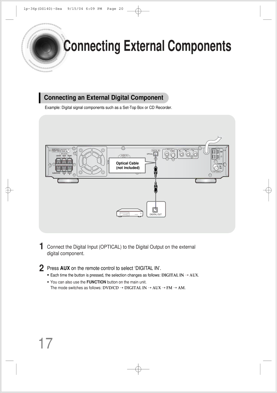 Samsung HT-DS140 instruction manual Connecting External Components, Connecting an External Digital Component 