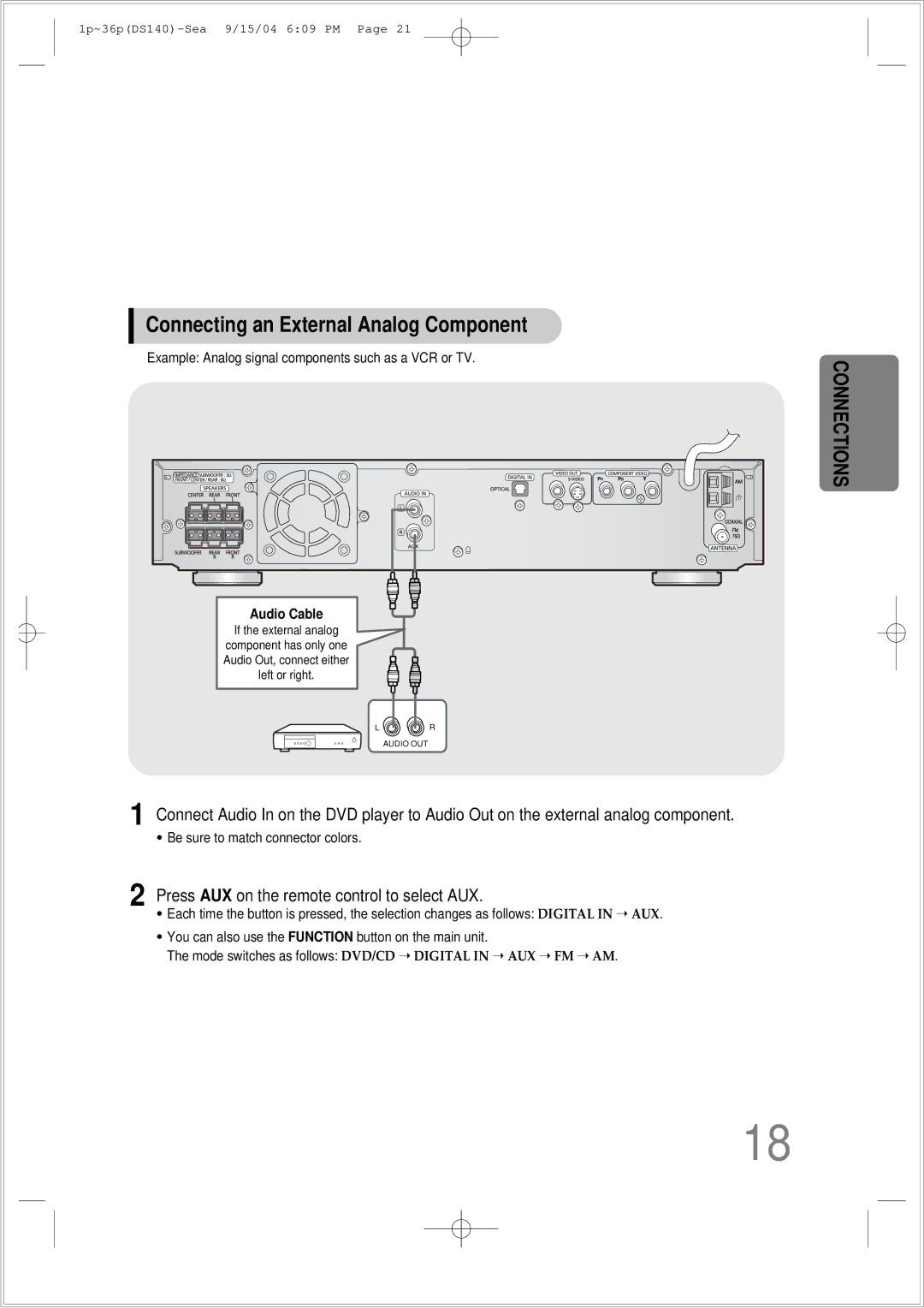 Samsung HT-DS140 instruction manual Connecting an External Analog Component, Audio Cable 