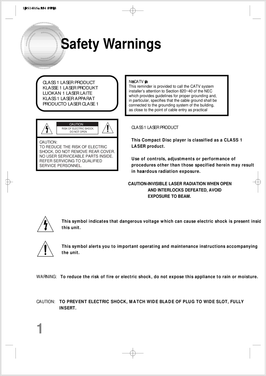 Samsung HT-DS140 instruction manual Safety Warnings, Class 1 Laser Product 