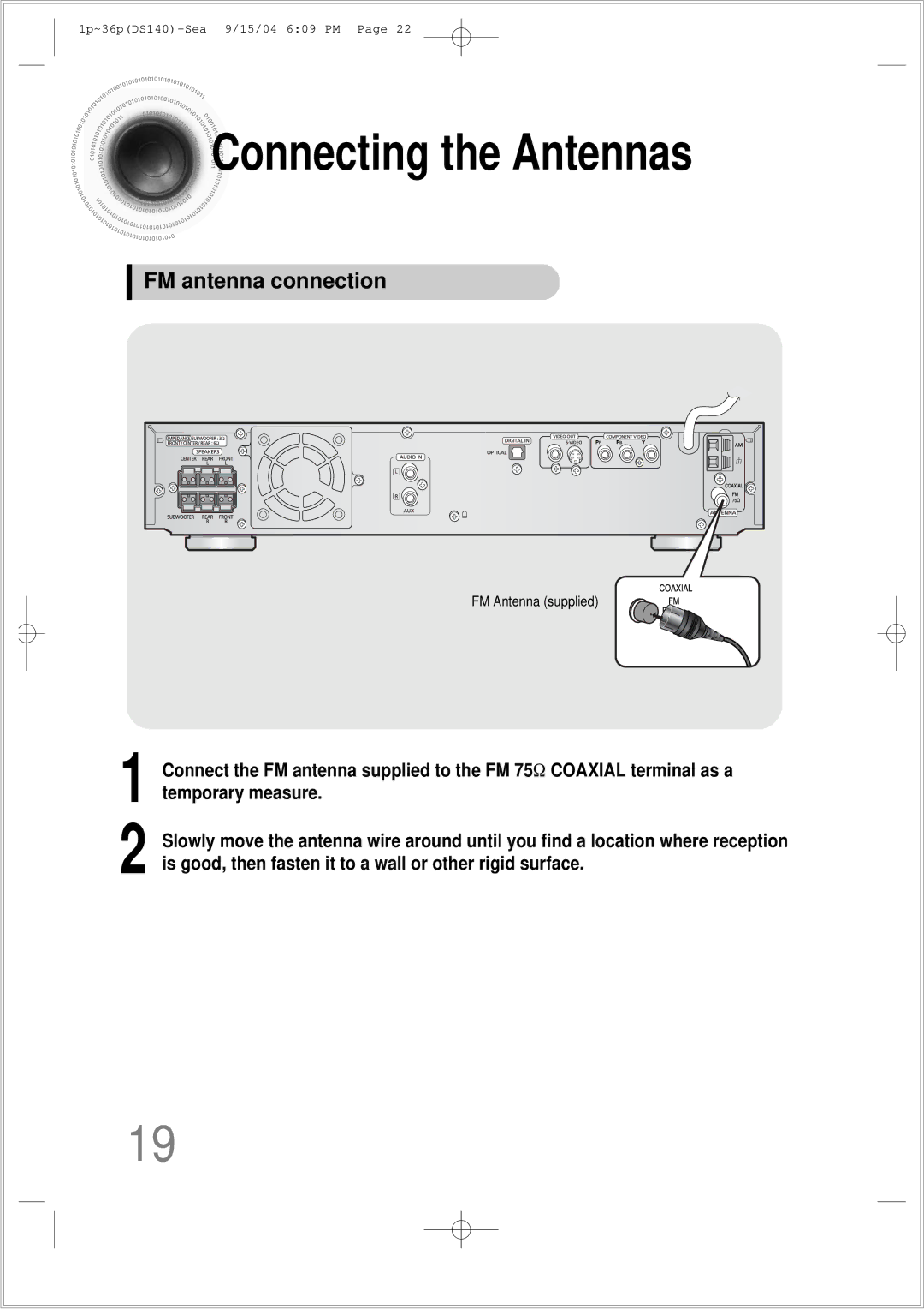 Samsung HT-DS140 instruction manual Connecting the Antennas, FM antenna connection 