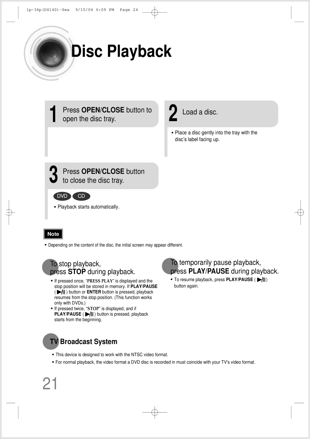 Samsung HT-DS140 Disc Playback, Load a disc, Open the disc tray, To stop playback Press Stop during playback 