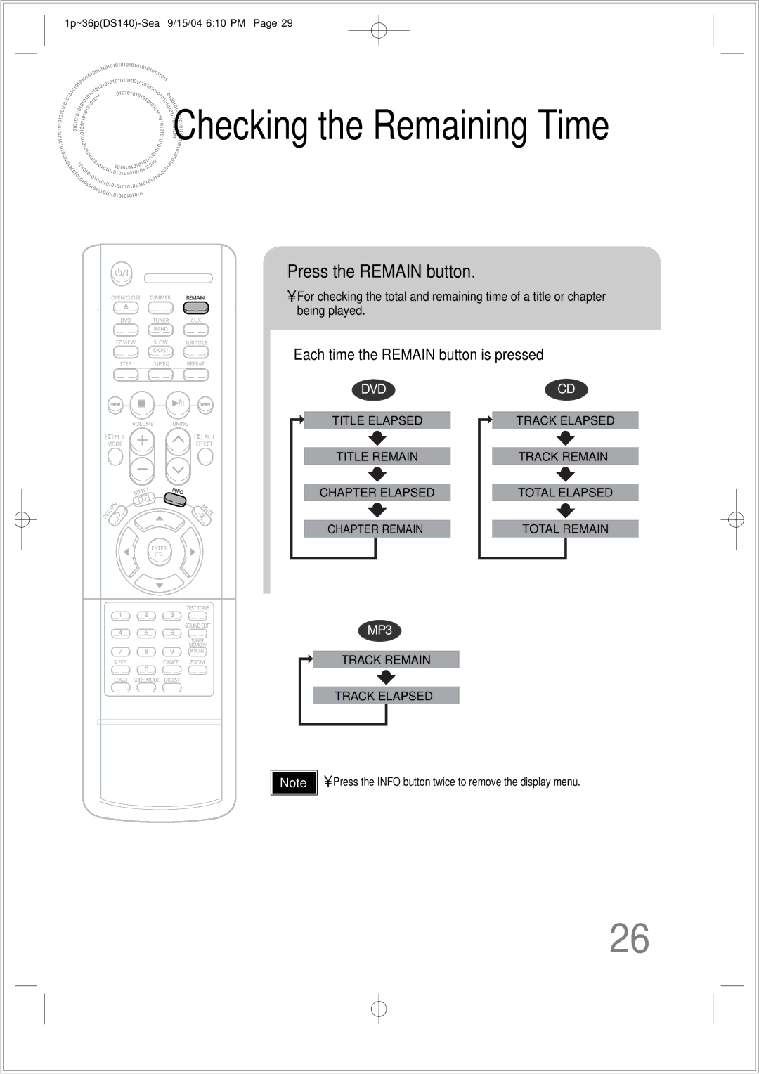 Samsung HT-DS140 instruction manual Checking the Remaining Time, Press the Remain button 