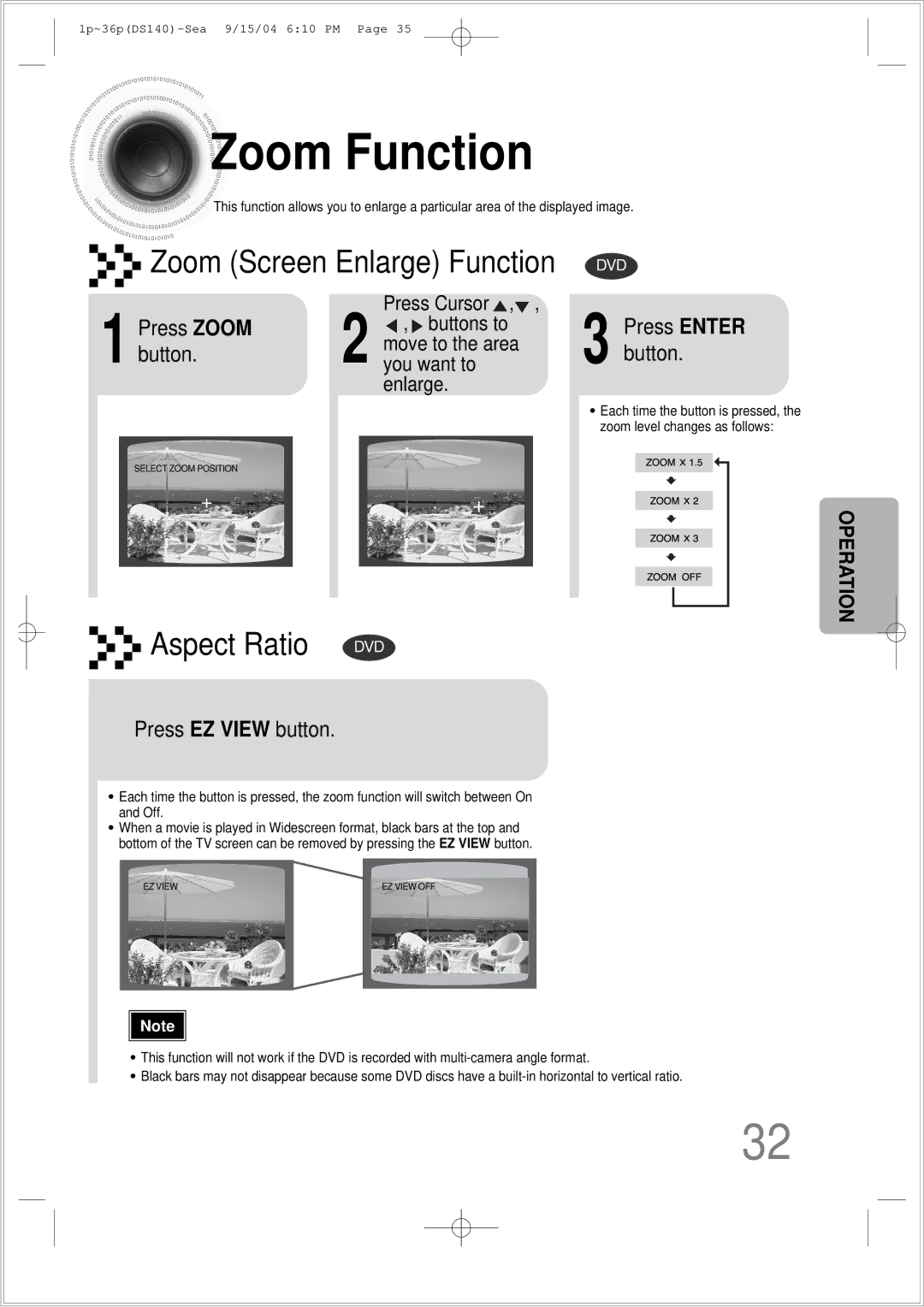 Samsung HT-DS140 instruction manual Zoom Function, Press Zoom, Button, Press EZ View button 