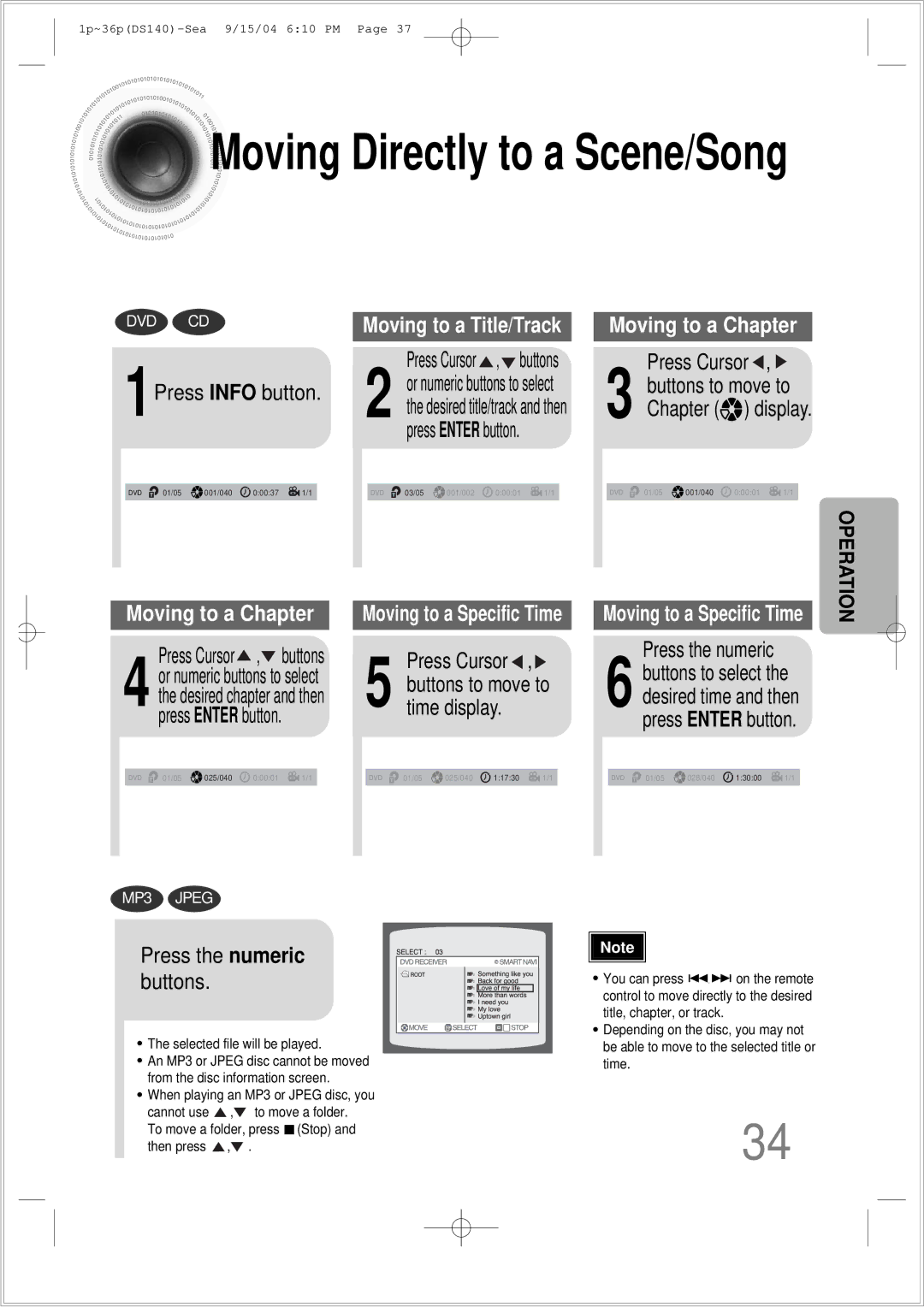 Samsung HT-DS140 instruction manual 1Press Info button, Time display, Chapter display, Press the numeric 