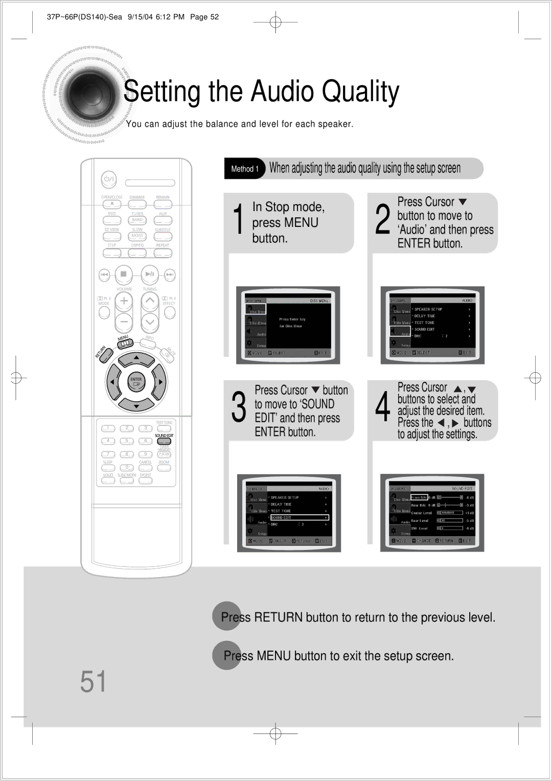 Samsung HT-DS140 instruction manual Setting the Audio Quality, Button Enter button Press Cursor button 