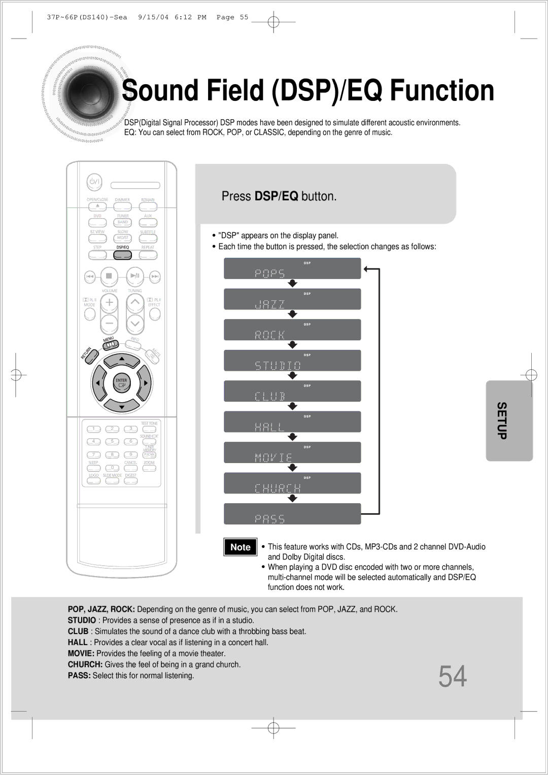 Samsung HT-DS140 instruction manual Sound Field DSP/EQ Function, Press DSP/EQ button 