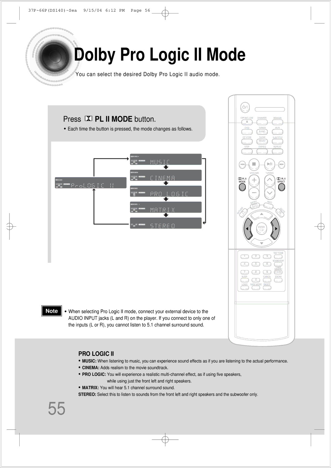 Samsung HT-DS140 instruction manual Dolby Pro Logic II Mode, Press PL II Mode button 