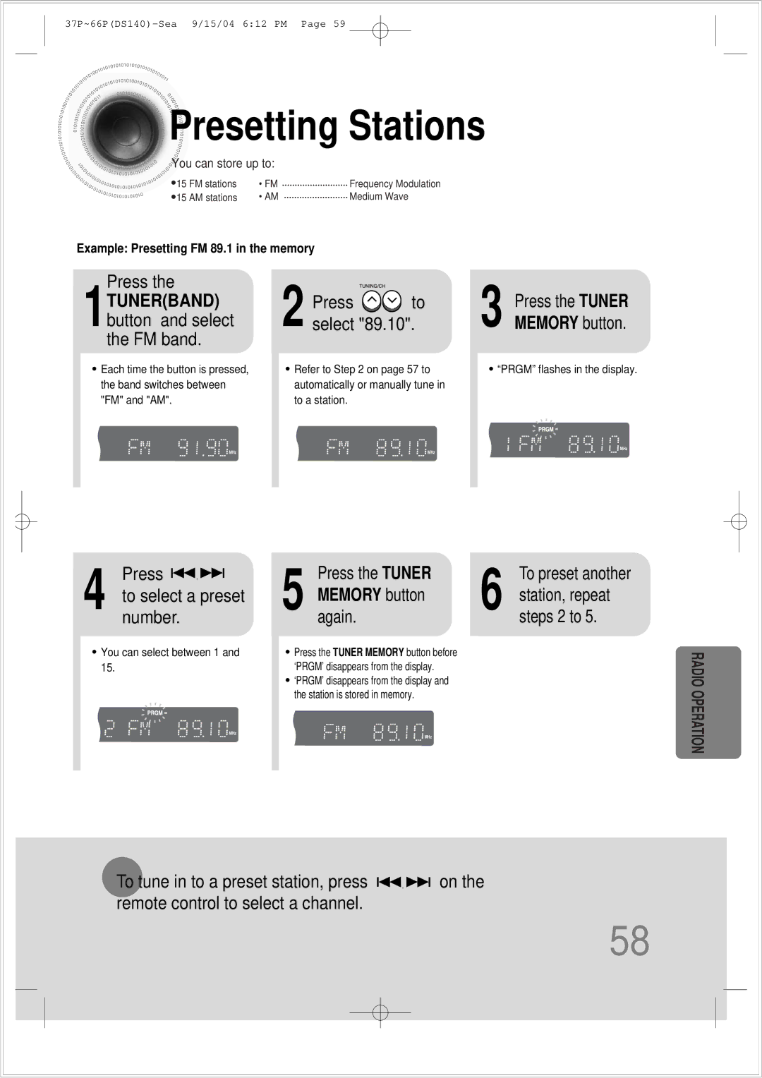 Samsung HT-DS140 instruction manual Presetting Stations, Memory button 