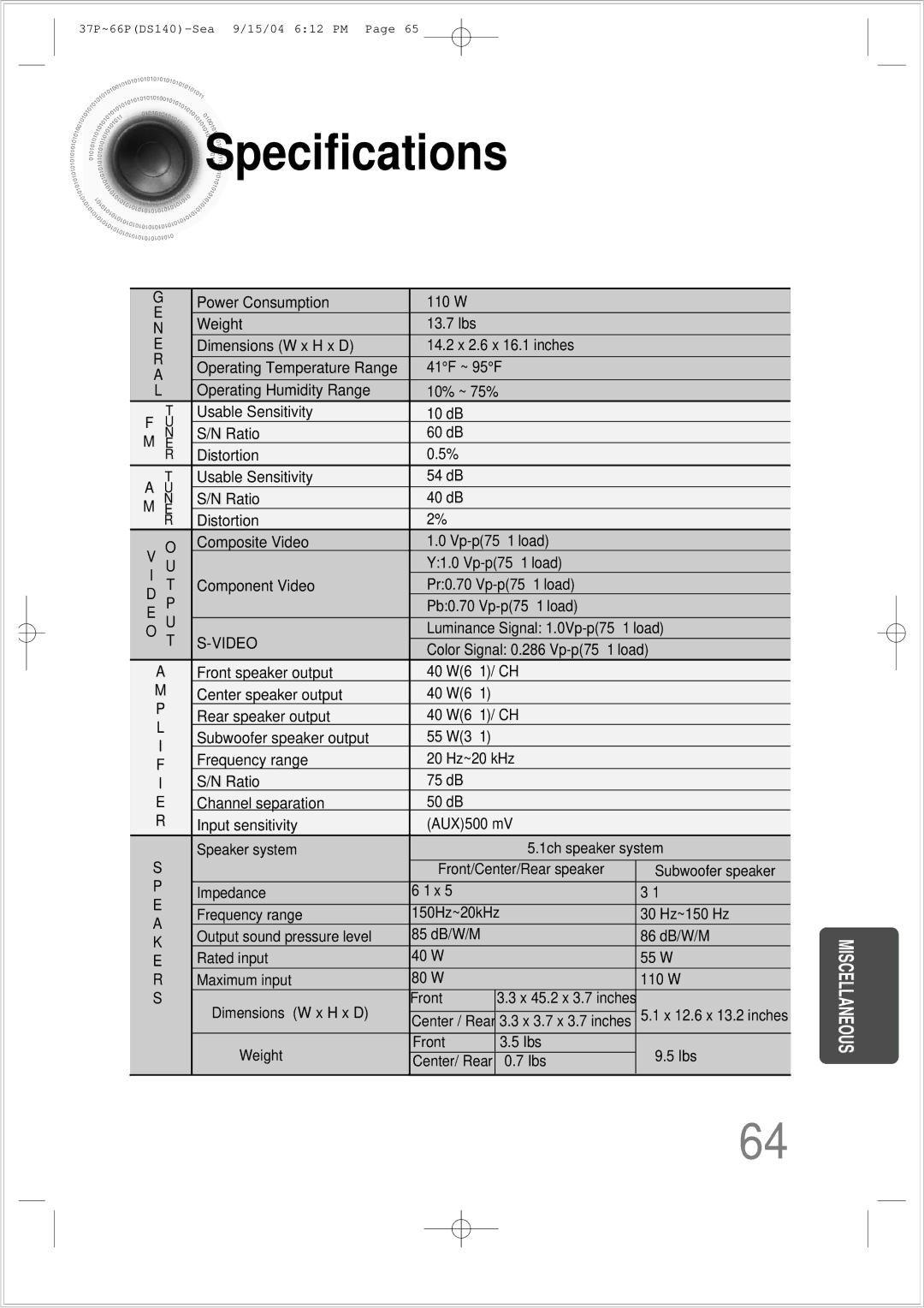 Samsung HT-DS140 instruction manual Specifications, Video 