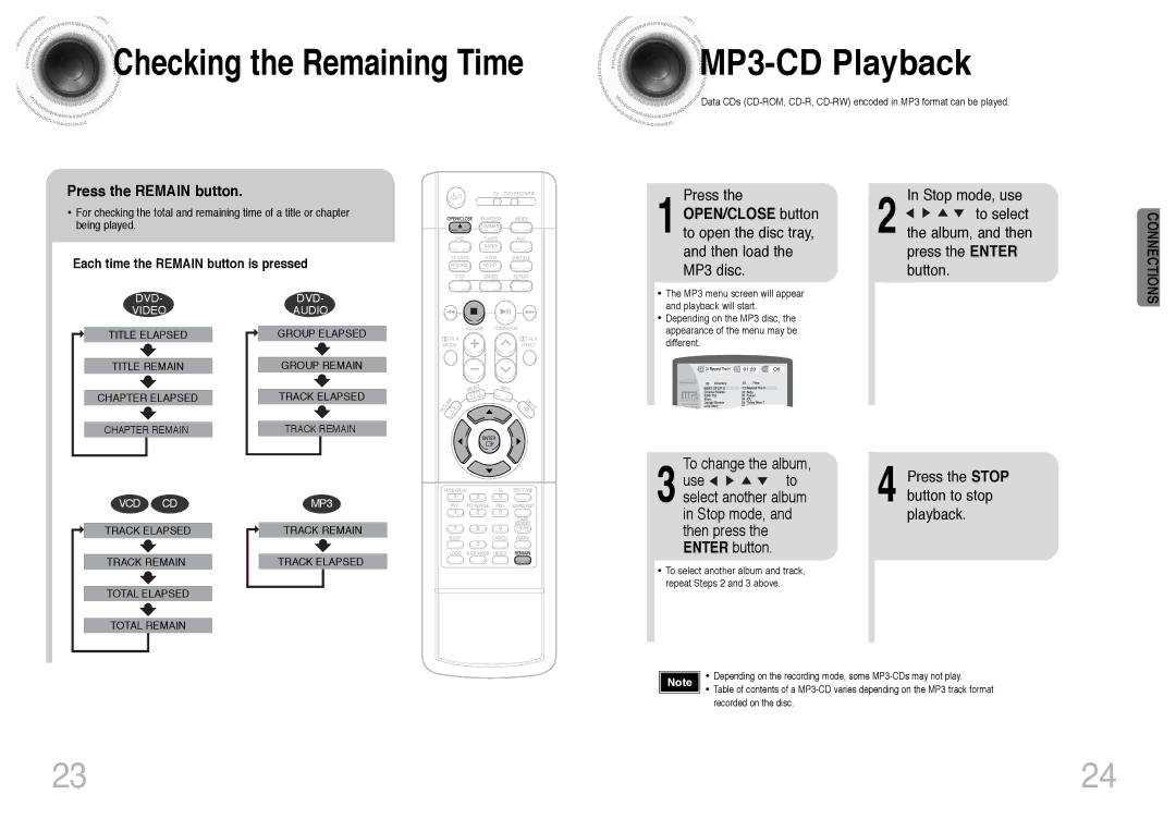 Samsung HT-DS420RH/XFO, HT-DS400 manual MP3 -CD Playback, Press the Remain button, Each time the Remain button is pressed 