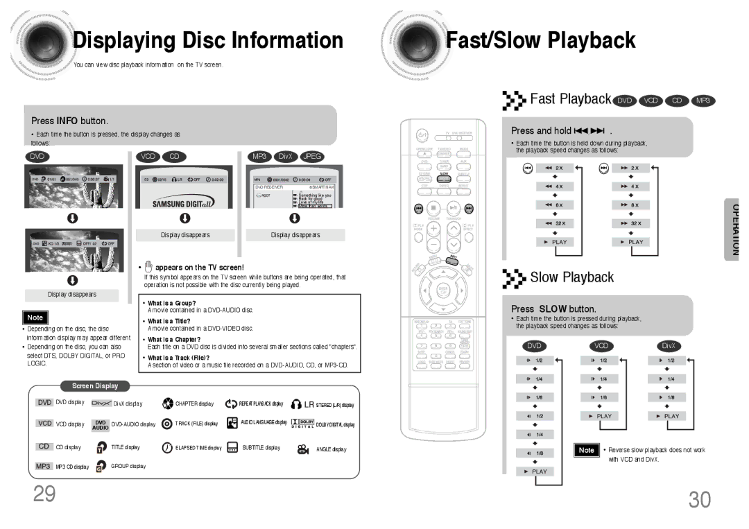 Samsung HTDS400RH/EDC, HT-DS400 manual Displaying Disc Information, Fast/Slow Playback, Press Info button, Press and hold 