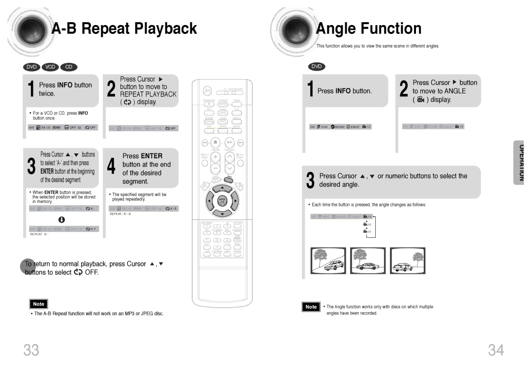 Samsung HTDS420RH/EDC, HT-DS400 Repeat Playback Angle Function, Press Info button twice, Press Cursor 2 button to move to 