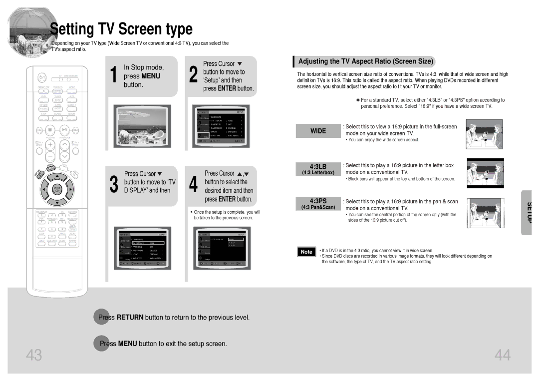 Samsung HTDS400RH/EDC, HT-DS400, HT-DS420S/XSH, HTDS400RH/ELS manual Adjusting the TV Aspect Ratio Screen Size, 43LB, 43PS 