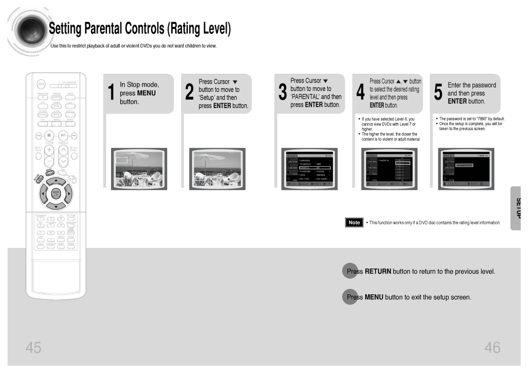 Samsung HTDS400RH/ELS, HT-DS400 manual Setting Parental Controls Rating Level, Enter the password Then press Enter button 