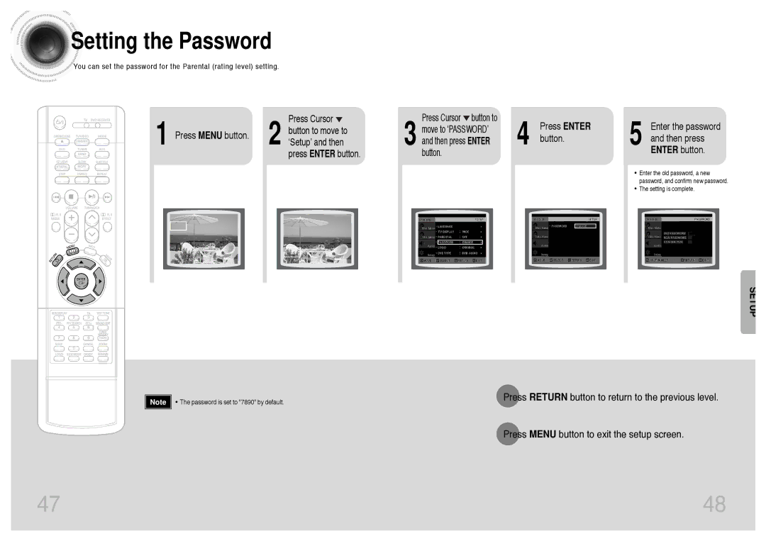 Samsung HTDS420RH/EDC, HT-DS400, HT-DS420S/XSH, HTDS400RH/EDC, HTDS400RH/ELS manual Setting the Password, Press Menu button 