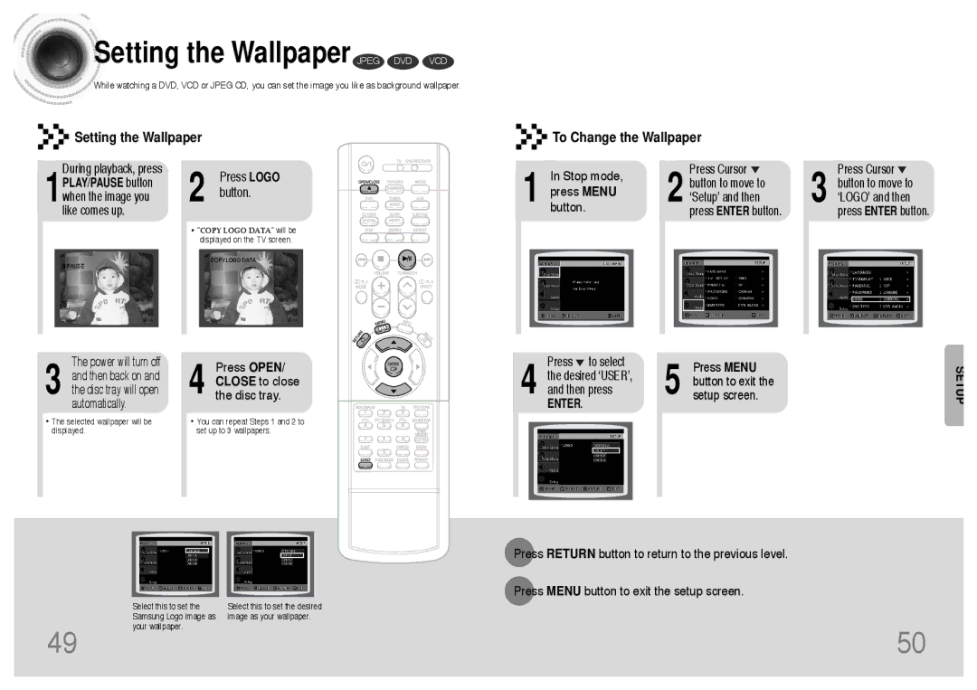 Samsung HTDS400RH/XFO manual Setting the Wallpaper Jpeg DVD VCD, Press OPEN/ Close to close the disc tray, Button to exit 