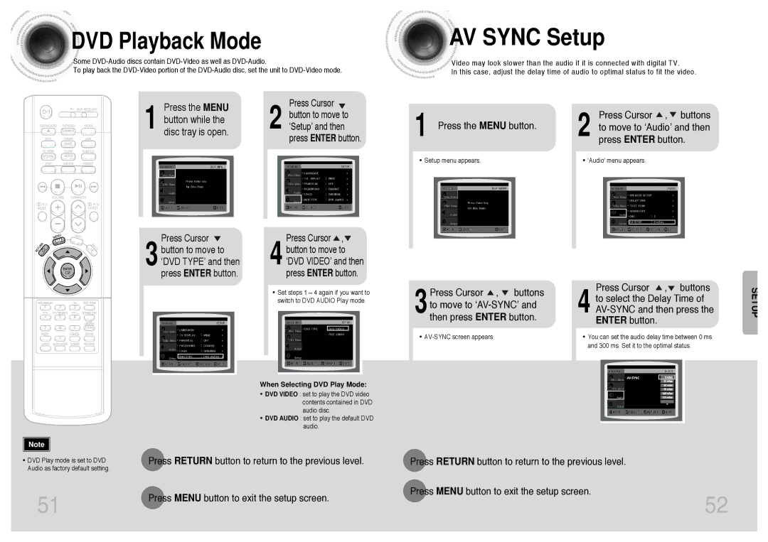 Samsung HT-DS420RH/XFO, HT-DS400 manual AV Sync Setup, DVD Playback Mode, Press the Menu Button while the disc tray is open 