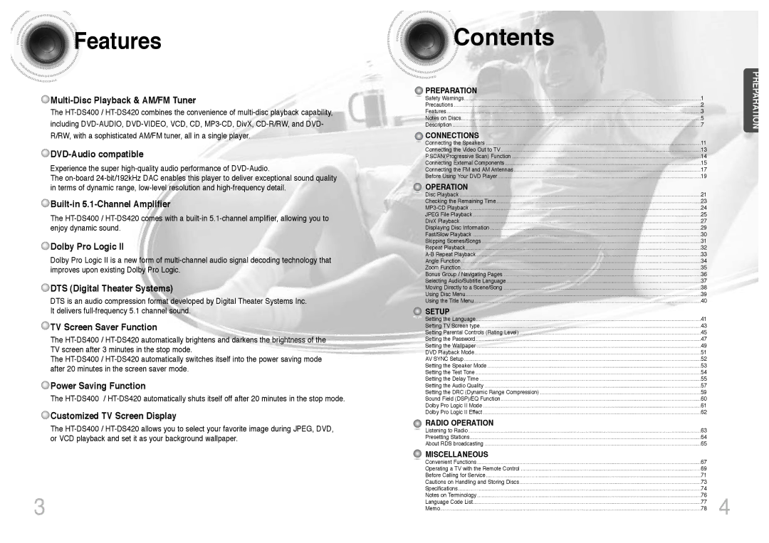 Samsung HTDS400RH/ELS, HT-DS400, HT-DS420S/XSH, HTDS400RH/EDC, HTDS420RH/EDC, HTDS400RH/XFO, HT-DS420RH/XFO manual Contents 