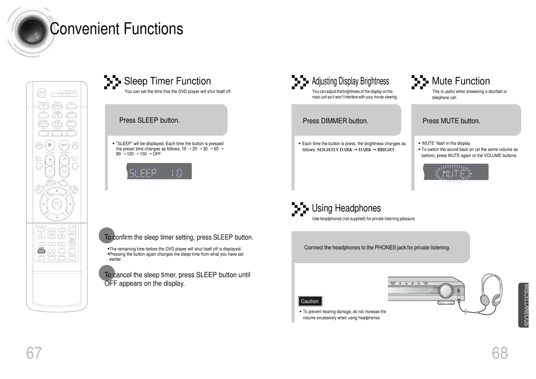 Samsung HT-DS400, HT-DS420S/XSH, HTDS400RH/EDC, HTDS400RH/ELS manual Convenient Functions, Adjusting Display Brightness 