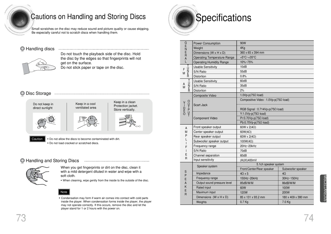 Samsung HTDS400RH/ELS, HT-DS400, HT-DS420S/XSH, HTDS400RH/EDC, HTDS420RH/EDC, HTDS400RH/XFO Specifications, Handling discs 