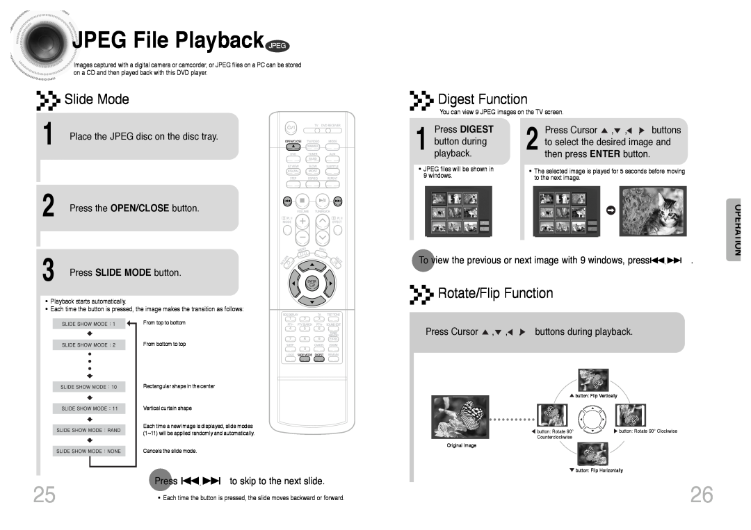 Samsung HT-DS400, HT-DS420S/XSH manual JPEG File Playback JPEG, Slide Mode, Digest Function, Rotate/Flip Function, Operation 