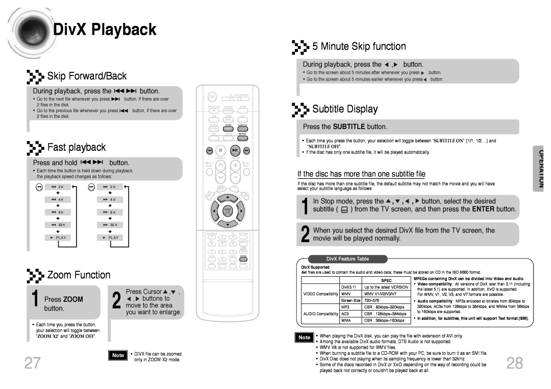 Samsung HT-DS420S/XSH, HT-DS400 manual DivX Playback, Skip Forward/Back, Fast playback, Zoom Function, Minute Skip function 