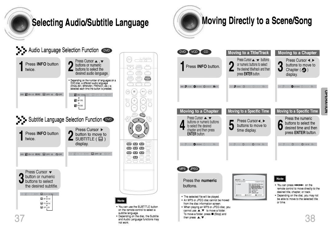 Samsung HT-DS420RH/XFO manual Selecting Audio/Subtitle Language, Moving Directly to a Scene/Song, Moving to a Title/Track 