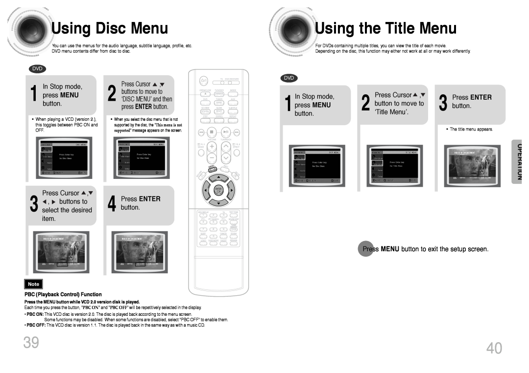 Samsung HT-DS400, HT-DS420S/XSH, HTDS400RH/EDC manual Using Disc Menu, Using the Title Menu, button.press MENU, Operation 