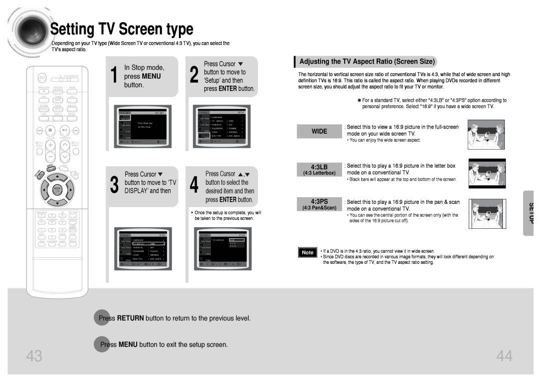 Samsung HTDS400RH/EDC Setting TV Screen type, Adjusting the TV Aspect Ratio Screen Size, WIDE 43LB, 43PS, Setup, button 