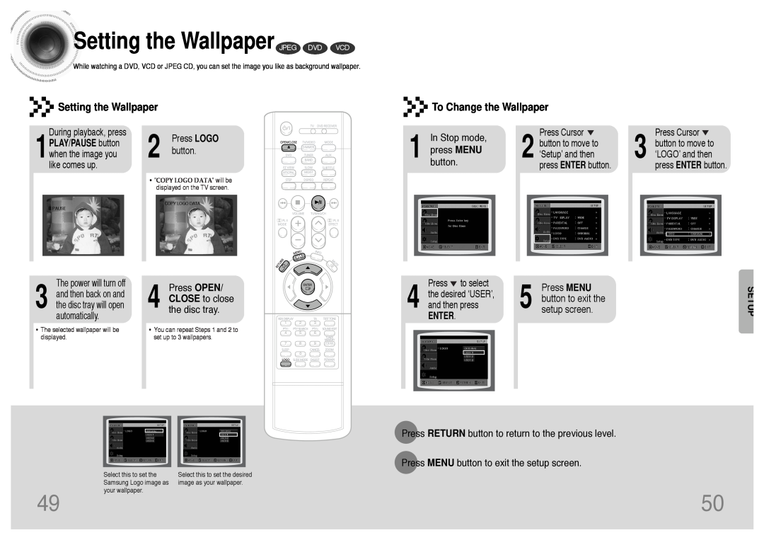 Samsung HTDS400RH/XFO Setting the Wallpaper JPEG DVD VCD, To Change the Wallpaper, press MENU, Press MENU, setup screen 